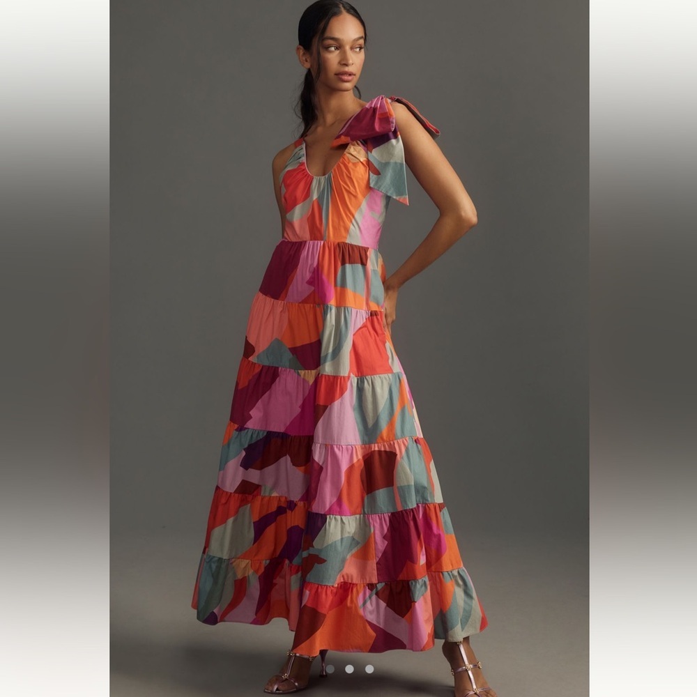 Anthropologie Hutch Colorful Tiered Maxi Dress With White Bow